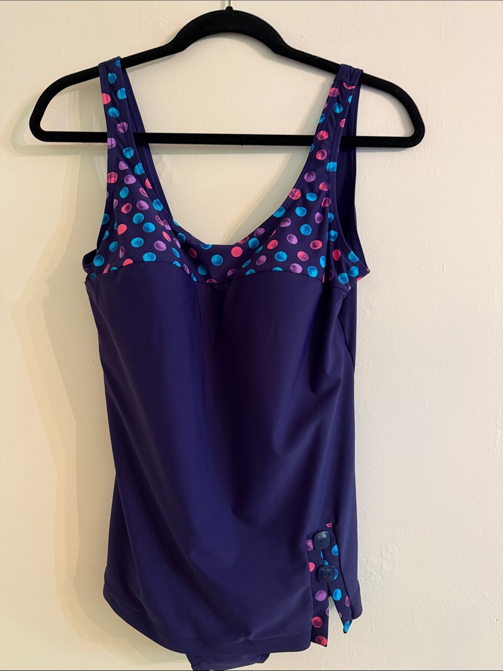 New Blair Purple One-Piece Swimsuit with Multicolor Polka Dot Trim Size 12